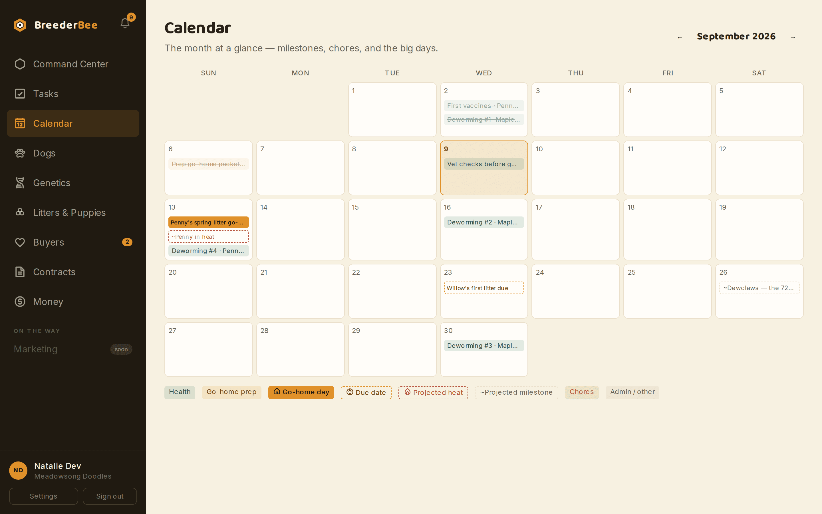 The BreederBee calendar for September: go-home day, dewormings, a due date and a projected heat