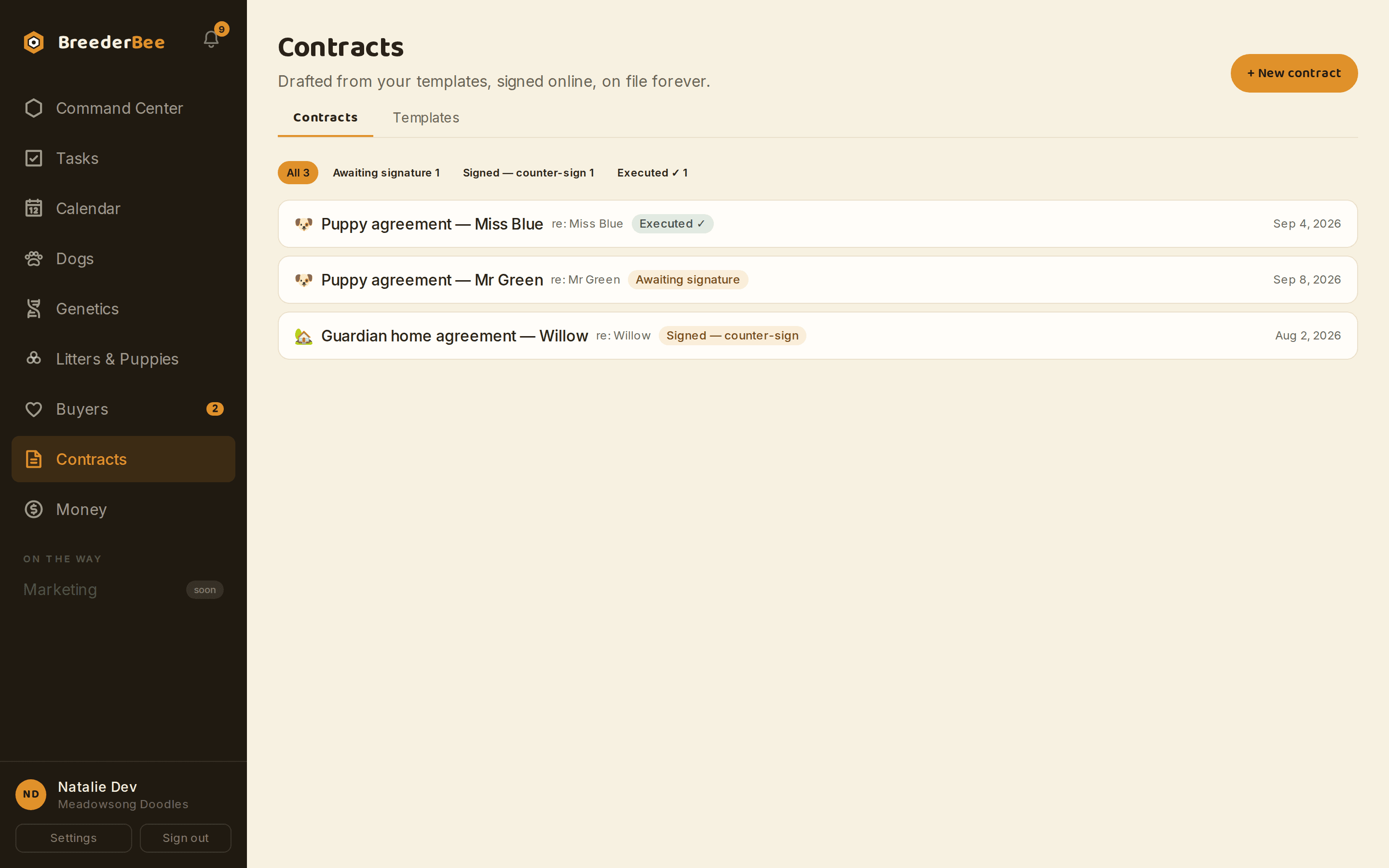 BreederBee contracts: templates, a signed contract, and one waiting for a signature